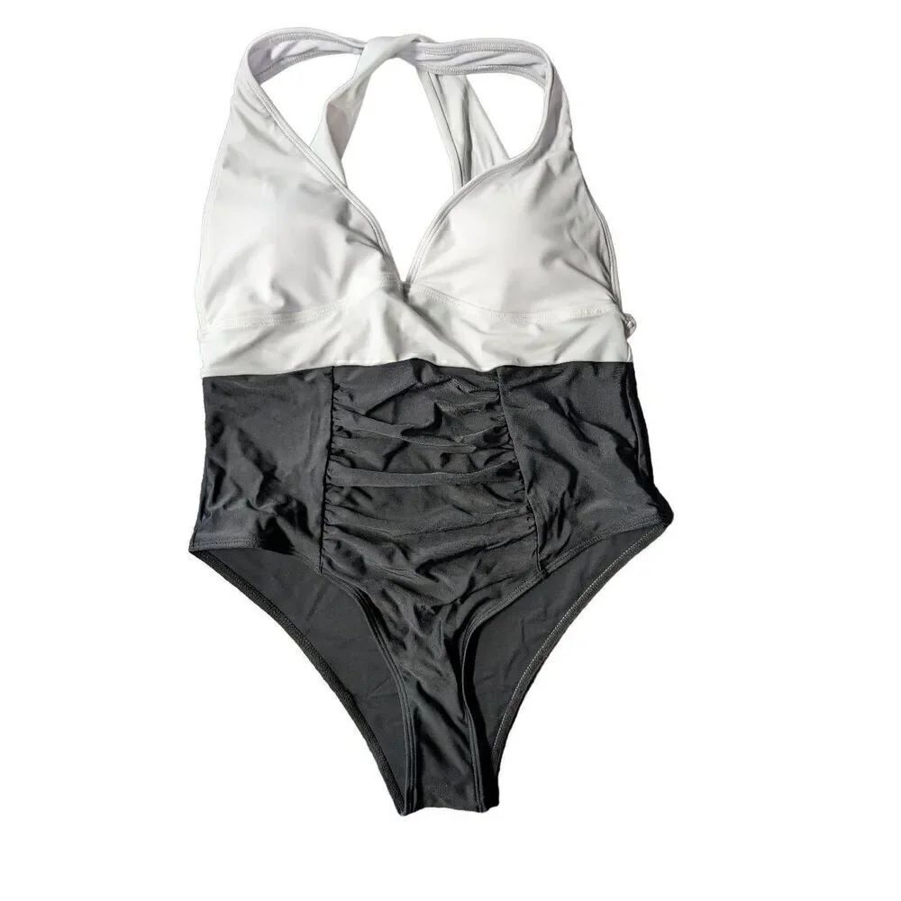 NWOT SHEIN Two Tone Black and White Halter One Piece Swimsuit Women's Large